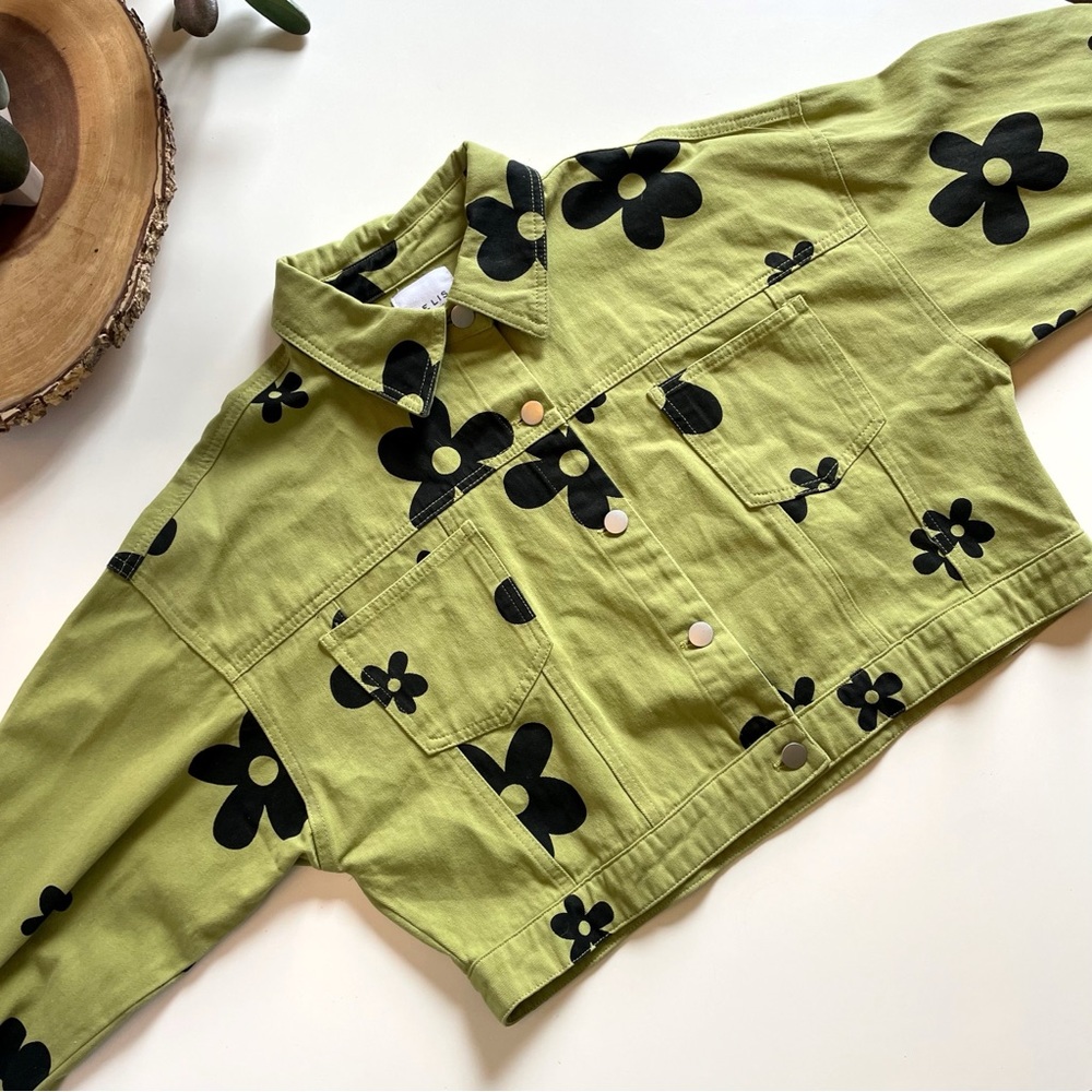 Le Lis Lime Green Black Daisy Boxy Cropped Jacket | Medium